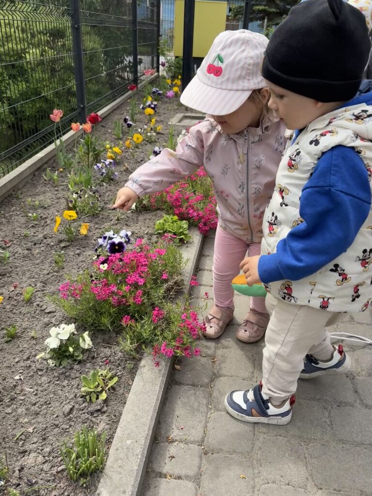 Dzieci oglądają rosnące kwiaty.